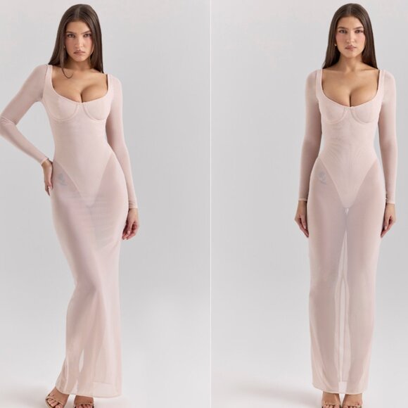 House of CB Dresses & Skirts - House of CB 'Everly' blush mesh maxi dress with bodysuit NWOT